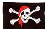 Aricona Piratenflagge - Fahne mit Totenkopfdesign mit Messing-Ösen - 90 x 150 cm - Wetterfeste Fahnen für Fahnenmast - 100% Poly