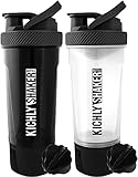 KICHLY [2-Pack] Klassische Protein Shaker mit BlenderBall (700ml) - Shaker proteinshake mit Verdrehen und sichern Box Aufbewahrung für protein pulver - Perfekte fitness flasche (Schwarz und Klar)