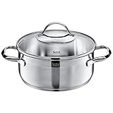 Silit Achat Kochtopf klein 20cm, Glasdeckel, Bratentopf Induktion 2,5l, Edelstahl teilmattiert, unbeschichtet, backofengeeig