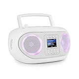 auna Roadie Smart Boombox, SmartRadio: Internetradio/DAB+ / UKW, CD-Player, Stereoanlage, USB-Port, MP3, Bluetooth, 3,5 mm-Cinch-Klinke-AUX-Eingang, mehrfarbige LED-Beleuchtung, weiß