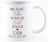 PICSonPAPER Tasse mit Spruch Oma du hast Silber im Haar und Gold im Herzen - Schön, DASS es Dich gibt, Kaffeetasse, Keramiktasse, Tasse Oma ist die Beste (schön)