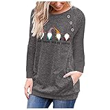 TTWOMEN Damen Langarm-Weihnachts-T-Shirt Lässiger Rundhalsausschnitt Knopf Lose Pullover Bluse Tops mit T