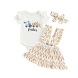 Baby Ostern Rocksset Outfits 3 Teiliges Bekleidungsset Kurzarm Strampler+Strinband+Hosenträgerrock mit Cartoon Ostern Druck Kleines Mädchen Hase Anzug Mini Kleid Ostern Geschenk für Kleines M