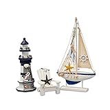 Flanacom Badezimmer Deko - 3er Set - Maritime Badezimmer Deko - Leuchtturm, Segel-Schiff und Strand-Stuhl aus Holz - Badaccessoires - Schöne Deko für das Bad - Design 3