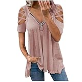 Sasaquoy Damen Blusen Reißverschluss Bluse Tunika Oberteile T-Shirt V-Ausschnitt Tops Ausgeschnitten Kalte Schulter Damen T-Shirt Sommer Tunika Sommerbluse Tops S