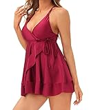 Zexxxy 2-teiliger sexy Badeanzug für Frauen Badekleid Bauchkontrolle Tankini Top mit Shorts Badeanzüge, weinrot, X-Larg