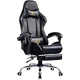 LUCKRACER Gaming Stuhl Massage mit Fußstütze Bürostuhl Massage Lendenkissen Drehstuhl Racing Armlehne PU Leder hohe Rückenlehne (schwarz)