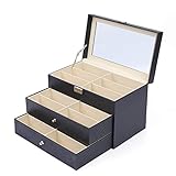 Fetcoi 3-lagige Sonnenbrillenbox 18 Mesh Brillenetui Metallbügel mit 2 Schubladen mit Schloss Glasfensterbrillenetui Schw