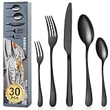 BEWOS Besteck Set für 6 Personen, 30 teilig Schwarz Mattiert Essbesteck Set inkl. Messer, Gabel, Löffel, Besteck Edelstahl, Spü