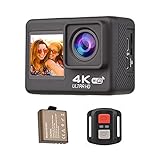 Funien 4K60FPS Ultra High Definition WiFi Action Kamera Dual Sn 170° Weitwinkel 30 Meter Wasserdicht mit Fernbedienung 1 Li-Ion Akku Montagezubehör Kit Schw