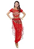 MBW Belly Dance Bauchtanz Kostüm Damen Komplett Set 6 tlg rot Hüfttuch 128 goldfarbenen Münzen, 34 -38, R