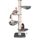 Happypet® Kratzbaum XXL deckenhoch | 250-275 cm | Premium Qualität für große Katzen | mit Deckenspanner | 17 cm Dicke Sisalstämme | 45 cm Liegemulde | geprüfte E1 Holzplatten | Main Coon | GRAU