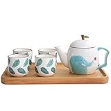 5 Stück Schönes Tiermuster Keramik Tee Kaffeetasse Set Mit 1 Kaffeekanne 4 Tassen,Für Haushaltsgeschenk,Blau (Blau)