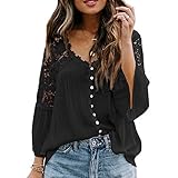 Briskorry Damen Chiffon Langarmshirt Spitze Raglan-Nähte Elegant Chiffon Bluse Women Oberteile Spitze mit V-Ausschnitt Aushöhlen Lose Tops Casual Hemd Damen Tops Spitze einfarbig