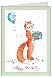 'Happy Birthday' Süße Glückwunschkarte für Mädchen/Junge mit einem Fuchs Kind zum 5. Geburtstag mit Geschenk, Konfetti, Luftballon mit Zahl 5 Klappgrußkarte in grün (Mit Umschlag) (1)