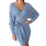 shangji Damen V-Ausschnitt Pullover Kleid Langarm Strickkleid Pullover Kleid Strickpullover Slim Fit Strickpullover (Blue,XL)