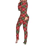 Damen Sexy Schlafanzug mit tiefem V-Ausschnitt, Weihnachten, Langarm, Einteiler mit Weihnachtsdruck, Strampler mit Weihnachtsmotiv, Nachtwäsche Overall (Diomand-Plaid, klein)