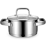 Linnuo kleiner Topf Induktion 16cm mit Glasdeckel, Kochtopf klein 1,5l aus 18/10 Edelstahl, Griff nicht heiß, geschmiedeter Boden für alle Herde, Mini Topf Soßentopf Milchtopf Induktion, Cooking
