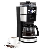 Klarstein Grind & Brew Filter-Kaffeemaschine mit Kegelmahlwerk, Glaskanne 10 Tassen, 1 Liter Wassertank, Kaffeebohnen und Filterkaffee, wählbarer Mahlgrad & Kaffeestärke, 1000 W, silber/schw