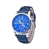 Herrenuhr Analoge Quarzglas Drei-Augen-Uhr mit Lederarmband Mode Business Armbanduhr (blau)