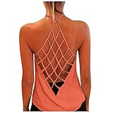 MRULIC Damen Tank Top Sommer äRmellos Einfarbig Off Shoulder RüCkenfreies TräGershirt Mit Kreuzriemen Lose Oberteile T-Shirt Top Bluse Frauen Pullover(A7 Orange,M)