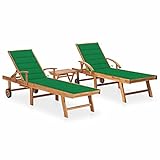 Tidyard 2 STK. Sonnenliege mit Tisch und Auflagen Gartenliege Gartenmöbel Liege Relaxliege Strandliege Freizeitliege Liegestuhl Massivholz Teak Grü