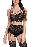 ADOME Dessous-Set für Frauen Spitze BH und Panty Set mit Strumpfgürtel Bügel Dessous (ohne Strümpfe) S-XXL, schwarz, XX-Larg