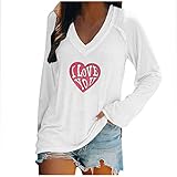 Valentinstag Tshirt Tops Für Damen Elegant Frühling Lange Ärmel Tee Tops Oberteile Casual V-Ausschnitt Pullover Hemd Bluse Female Dünnes Tshirt Langarm Komfortabel Oberteile(Weiß,XL)