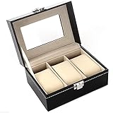 Xinlie Uhrenkoffer Uhrenbox Uhrenkasten für 3 Uhren Kasten Speicher mit Glasdeckel Schwarz aus PU-Leder auch für Schmuck oder Armbandkollektion usw Unisex