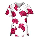 KOG Damen Scrub_Tops Valentinstag Herz Rosendruck Arbeitskleidung Kurzarm V-Ausschnitt Tops Uniform Tunika Nurses_Tops Sommer Kurzarm Tee Tops Hemd Bluse Female Teenager Mädchen Oversize Ob