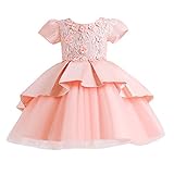 WFRAU Prinzessin Kleid für Mädchen Kurze Rüschen Ärmel Reine Farbe Hochzeit Brautjungfer Kleid Baby Blumenstickerei Tutu Kleider Kind Mesh Patchwork Karneval Party Kleid Geburtstag Kostüm Alter 3-14