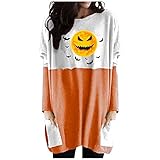 Tshirt Damen Halloween Langarmshirt Laterne Geister Kürbis Shirt Gesicht Kostüm Langarm Tops Damen Halloween Pullover Blusen Farbblock Spleißen Lange Ärmel Tunika Mit Tasche Long