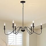 HOXIYA Kronleuchter mit 6 Lichtern aus Eisen, schwarz, klassische Kerzen-Deckenleuchte, rustikale Hängeleuchte für Küche, Esszimmer, W