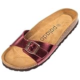 Palado® Damen Sandale Malta | Made in EU | Pantoletten in vielen sommerlichen Farben | 1-Riemen Sandaletten mit Kork-Fussbett | Frauen Hausschuhe mit Leder-Laufsohle Metallic Rot 41 EU