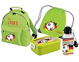 Mein Zwergenland Set 5 Kindergartenrucksack Classic und Brotdose Lunchbox Maxi, Turnbeutel + Trinkflasche mit Name Fußball, 4-teilig, Grü