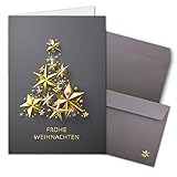 10x Weihnachtskarten-Set DIN A6 in Grau mit goldenem Weihnachtsbaum aus Sternen - Faltkarten mit passenden Umschlägen - Weihnachtsgrüße für F