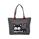 TIFIY Damen Mädchen Niedlich Karikatur Muster Katze Isst Fisch Crossbody Schultertasche Handtasche Schulranzen Einkaufstasche (Dunkelgrau)