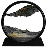 Sobeta Fließender Sandrahmen, bewegliches Sandkunstbild rundes Glas 3D-Tiefseesandlandschaft in der Bewegungsanzeige, Sandzieh-Schreibtisch-Tischdekoration für Hauptbü