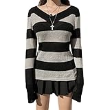 Sexy Damen-Top, gestreift, langärmelig, tiefer V-Ausschnitt, Pullover, Pullover, Strick, Farbblock, für Frühling und Herbst, Schwarz , S
