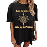 CCOOfhhc Tshirt Damen Oversize Kurzarm:Longshirt Lässig Große Größe Vintage Oberteile Oversized Lustig Streetwear Sonne Mond Motiv Sportshirt Kurzarm Sport Rundhals Teenager Mädchen Lang Top