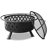 FGVDJ Feuerstelle Outdoor Großes Lagerfeuer Holzbefeuerte Feuerschale BBQ Holzkohlegrill Picknickofen mit Funkenschutzabdeckung, Holzrost, Poker, Kohlenbecken für H