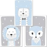 artpin® 3er Set Poster Kinderzimmer Skandinavische Deko - A4 Bilder Babyzimmer blau grau- Deko Junge (P48)