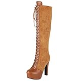 MJIASIAWA Damen Schnüren Mode Knee Plateau Motorradstiefel Winter Riding Hohen Blockabsatz Runde Zehen Klassischer Boots Gelb Gr 41 EU/43