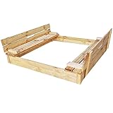 Sandkasten Holz mit Abdeckung Deckel und Sitzbank, Natur Nadelholz unbehandelt, 115x115 cm, 220 L