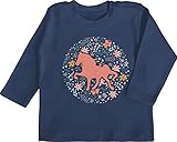 Tiermotive Baby - Pferd mit Blumen - bunt - 3/6 Monate - Navy Blau - Reiten - BZ11 - Baby T-Shirt Lang