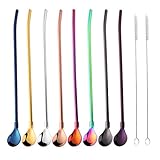 Do Buy® Wiederverwendbare Trinkhalm Löffel Edelstahl Latte Macchiato Cocktail Röhrchen Löffel mit Strohhalm Metall Bunt Eiskaffeelöffel 21,5cm Langer Stiel Straws Spoon 8 Stück mit 2 Reinigungsbü