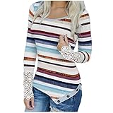 Damen Bunte Streifen Spitze Nähte Langarm Tops Sexy Slim Casual Regenbogen Grafik Sweatshirt Knöpfe Unterhemd Blusen, weiß, 46