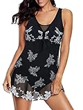 Century Star Damen Einteiliger Badeanzug Bauchkontrolle Schwimmen für Frauen Kleid Cover Up Schlankheits Rock Badeanzüge, Schwarze weiße Blume,