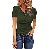 Briskorry Damen Tunika Blusen Einfarbig Kurzarm Oberteile Teenager Mädchen Elegant Basic Shirt Lose Rundhals Schlanke Passform Sweatshirt Sommer Knop