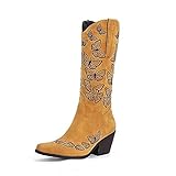 MOXIAONAI Cowboystiefel für Damen Vintage bestickte Mitte der Wade Western Cowgirl Stiefel Chunky Heel Round Toe Horse Riding Bootie für Country Konzerte (37,Yellow)